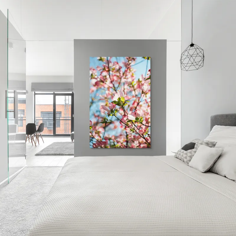 Tablou Canvas, "Flori delicate sub cer albastru", Flori, Roz, Ramuri, Cer, Lumina, Primavara, Frunze, Delicat, Nature, Frumusete, 100 x 150 cm – poza 5