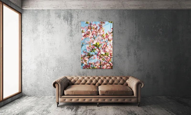 Tablou Canvas, "Flori delicate sub cer albastru", Flori, Roz, Ramuri, Cer, Lumina, Primavara, Frunze, Delicat, Nature, Frumusete, 100 x 150 cm – poza 6