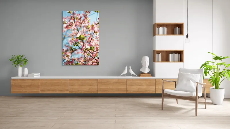 Tablou Canvas, "Flori delicate sub cer albastru", Flori, Roz, Ramuri, Cer, Lumina, Primavara, Frunze, Delicat, Nature, Frumusete, 100 x 150 cm – poza 8