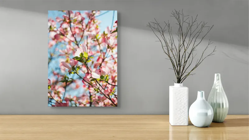 Tablou Canvas, "Flori delicate sub cer albastru", Flori, Roz, Ramuri, Cer, Lumina, Primavara, Frunze, Delicat, Nature, Frumusete, 39 x 54 cm – poza 4