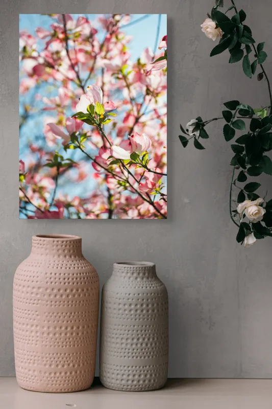 Tablou Canvas, "Flori delicate sub cer albastru", Flori, Roz, Ramuri, Cer, Lumina, Primavara, Frunze, Delicat, Nature, Frumusete, 39 x 54 cm – poza 6