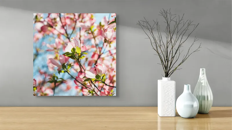 Tablou Canvas, "Flori delicate sub cer albastru", Flori, Roz, Ramuri, Cer, Lumina, Primavara, Frunze, Delicat, Nature, Frumusete, 50 x 50 cm – poza 3