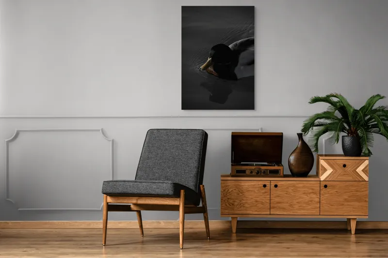 Tablou Canvas, "Rata plutind pe apă întunecată", Rață, Întuneric, Reflecție, Apă, Solitudine, 70 x 100 cm – poza 6