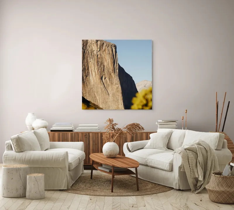 Tablou Canvas, "Stâncile impozante ale naturii grandioase", Stâncă, Impresionant, Natură, Verticalitate, Munți, Vegetație, Cer, Soare, Peisaj, Granit, 100 x 100 cm – poza 3