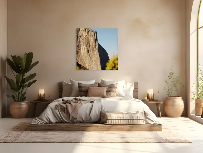 Tablou Canvas, "Stâncile impozante ale naturii grandioase", Stâncă, Impresionant, Natură, Verticalitate, Munți, Vegetație, Cer, Soare, Peisaj, Granit, 100 x 100 cm – poza 4