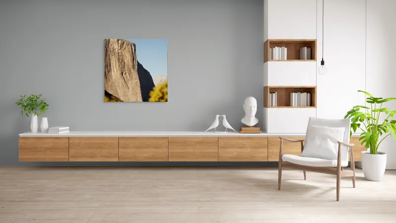 Tablou Canvas, "Stâncile impozante ale naturii grandioase", Stâncă, Impresionant, Natură, Verticalitate, Munți, Vegetație, Cer, Soare, Peisaj, Granit, 100 x 100 cm – poza 8