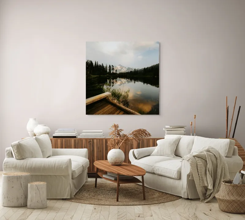 Tablou Canvas, "Reflecțiile liniștite ale naturii montane", Natură, Reflecție, Munte, Lac, Cer, Copaci, Apus, Tranquilitate, Peisaj, Frumusețe, 100 x 100 cm – poza 3
