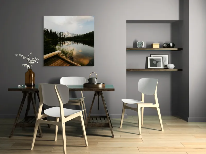 Tablou Canvas, "Reflecțiile liniștite ale naturii montane", Natură, Reflecție, Munte, Lac, Cer, Copaci, Apus, Tranquilitate, Peisaj, Frumusețe, 100 x 100 cm – poza 6