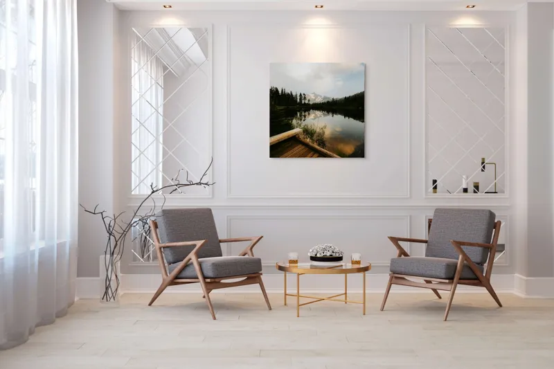 Tablou Canvas, "Reflecțiile liniștite ale naturii montane", Natură, Reflecție, Munte, Lac, Cer, Copaci, Apus, Tranquilitate, Peisaj, Frumusețe, 100 x 100 cm – poza 7