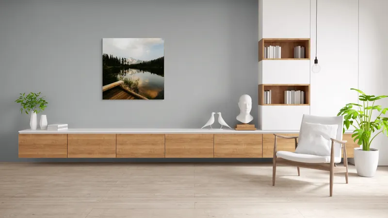 Tablou Canvas, "Reflecțiile liniștite ale naturii montane", Natură, Reflecție, Munte, Lac, Cer, Copaci, Apus, Tranquilitate, Peisaj, Frumusețe, 100 x 100 cm – poza 8