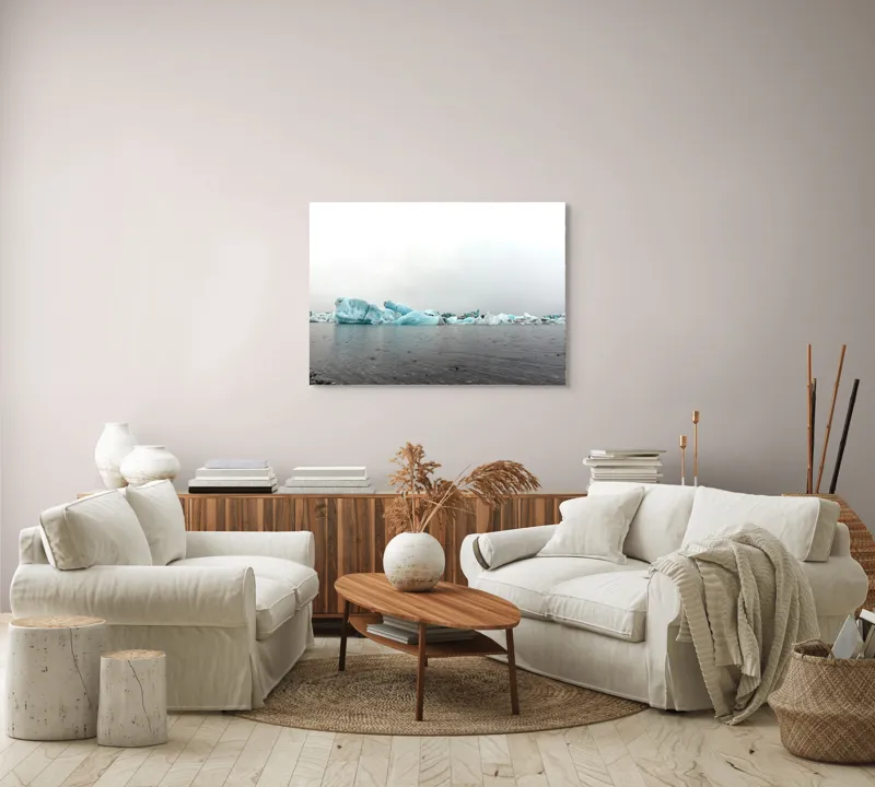 Tablou Canvas, "Ghețuri plutind pe apă liniștită", Gheață, Ocean, Nor, Gri, Albastru, Linie, Orizont, Caldura, Respiratie, Natura, 100 x 70 cm – poza 3