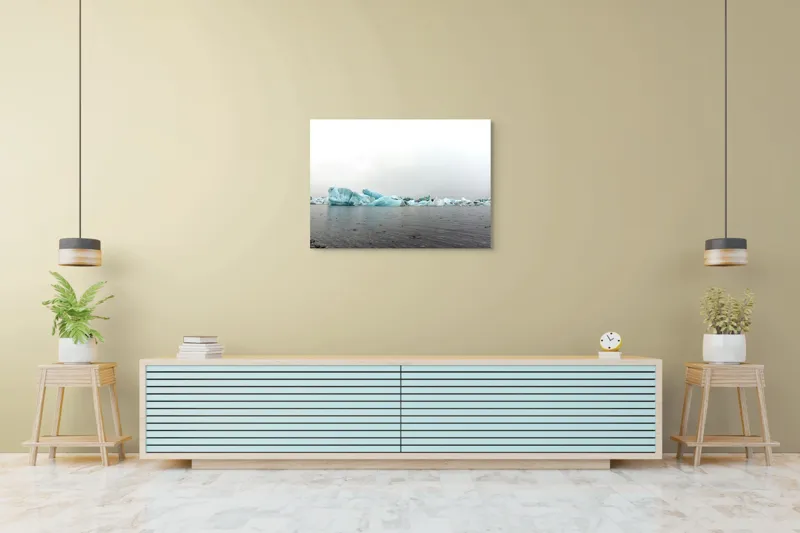 Tablou Canvas, "Ghețuri plutind pe apă liniștită", Gheață, Ocean, Nor, Gri, Albastru, Linie, Orizont, Caldura, Respiratie, Natura, 100 x 70 cm – poza 4
