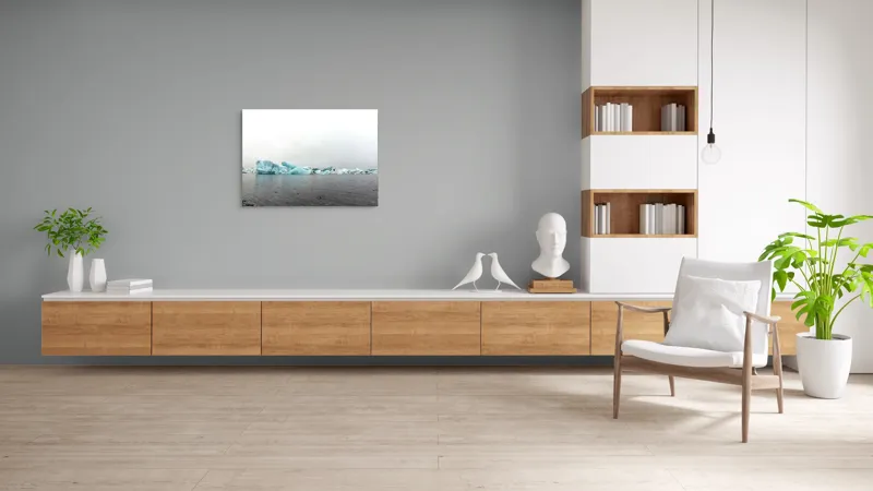 Tablou Canvas, "Ghețuri plutind pe apă liniștită", Gheață, Ocean, Nor, Gri, Albastru, Linie, Orizont, Caldura, Respiratie, Natura, 100 x 70 cm – poza 6