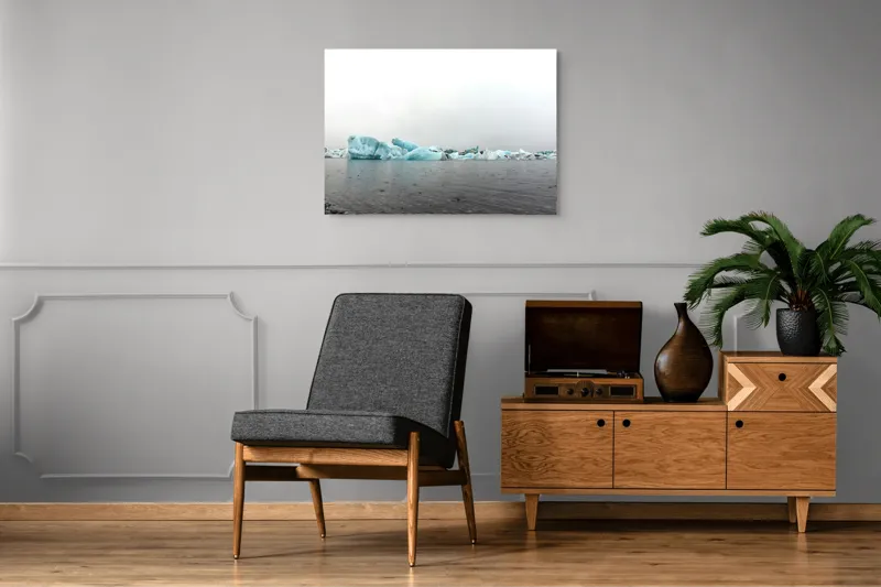 Tablou Canvas, "Ghețuri plutind pe apă liniștită", Gheață, Ocean, Nor, Gri, Albastru, Linie, Orizont, Caldura, Respiratie, Natura, 100 x 70 cm – poza 8