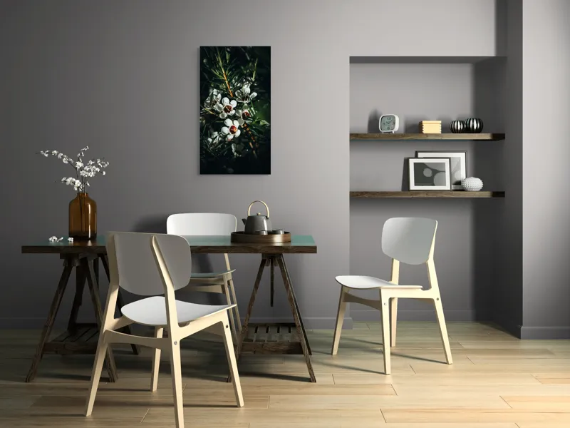 Tablou Canvas, "Flori albe în lumina umbrei", Flori, Albe, Frunze, Verde, Natura, Detalii, Lumina, Umbre, 50 x 90 cm – poza 4