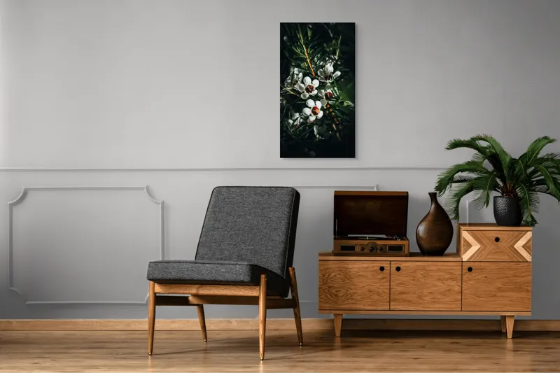 Tablou Canvas, "Flori albe în lumina umbrei", Flori, Albe, Frunze, Verde, Natura, Detalii, Lumina, Umbre, 50 x 90 cm – poza 8