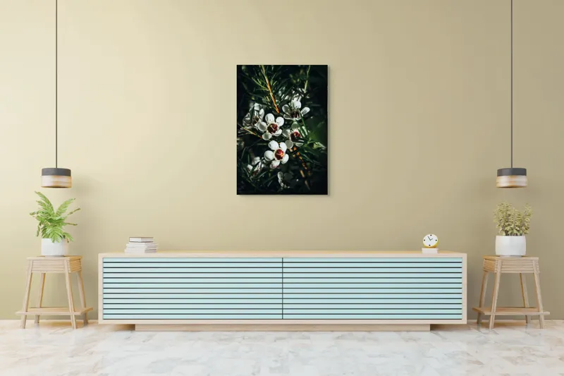 Tablou Canvas, "Flori albe în lumina umbrei", Flori, Albe, Frunze, Verde, Natura, Detalii, Lumina, Umbre, 70 x 100 cm – poza 5