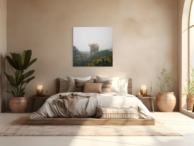 Tablou Canvas, "Vaca rătăcită printre ceață și flori", Nor, Vacă, Ceață, Munți, Vegetație, Ploaie, Natură, Melancolie, 100 x 100 cm – poza 4