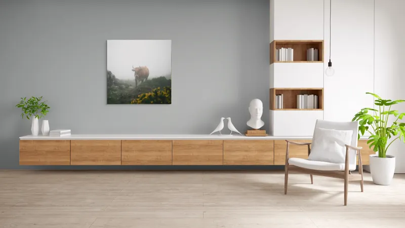 Tablou Canvas, "Vaca rătăcită printre ceață și flori", Nor, Vacă, Ceață, Munți, Vegetație, Ploaie, Natură, Melancolie, 100 x 100 cm – poza 8