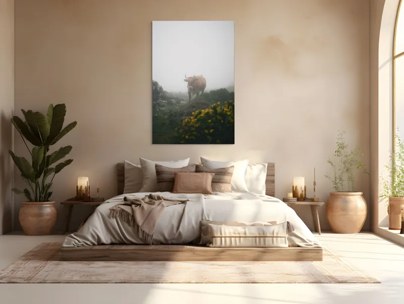 Tablou Canvas, "Vaca rătăcită printre ceață și flori", Nor, Vacă, Ceață, Munți, Vegetație, Ploaie, Natură, Melancolie, 100 x 150 cm – poza 3
