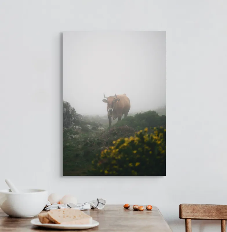 Tablou Canvas, "Vaca rătăcită printre ceață și flori", Nor, Vacă, Ceață, Munți, Vegetație, Ploaie, Natură, Melancolie, 50 x 70 cm – poza 3