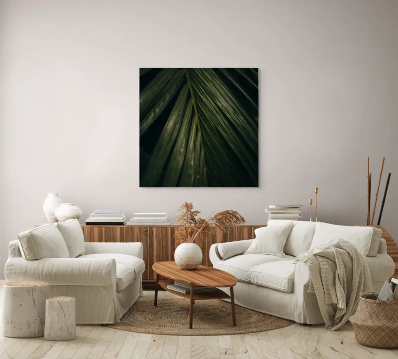 Tablou Canvas, "Frunza enigmatică în întunericul pădurii", Frunze, Verzi, Palmier, Textură, Natură, Organic, Întunecat, Frunziș, 100 x 100 cm – poza 3