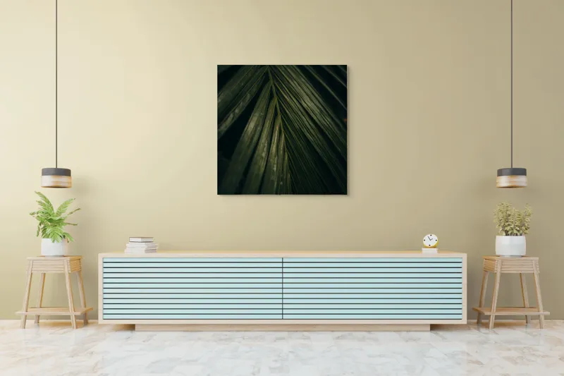 Tablou Canvas, "Frunza enigmatică în întunericul pădurii", Frunze, Verzi, Palmier, Textură, Natură, Organic, Întunecat, Frunziș, 100 x 100 cm – poza 5