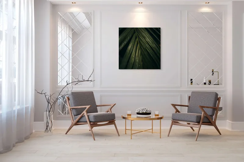 Tablou Canvas, "Frunza enigmatică în întunericul pădurii", Frunze, Verzi, Palmier, Textură, Natură, Organic, Întunecat, Frunziș, 100 x 100 cm – poza 7