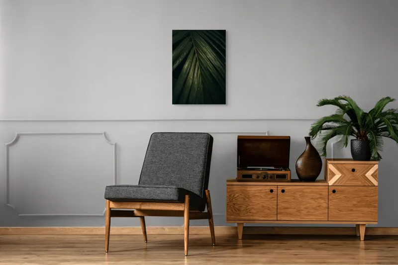 Tablou Canvas, "Frunza enigmatică în întunericul pădurii", Frunze, Verzi, Palmier, Textură, Natură, Organic, Întunecat, Frunziș, 50 x 70 cm – poza 8