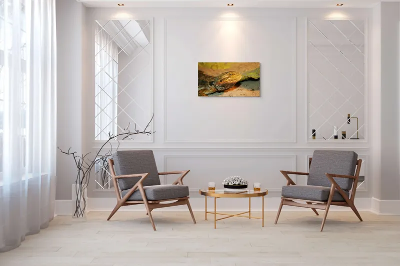 Tablou Canvas, "Dragonul barbos odihnindu-se pe nisip", Șopârlă, Nisip, Textură, Ochi, Solzi, Habitat, Reptilă, Culoare, Detaliu, Furtunoasă, 90 x 50 cm – poza 7