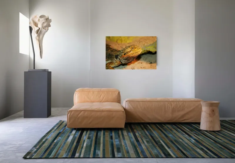 Tablou Canvas, "Dragonul barbos odihnindu-se pe nisip", Șopârlă, Nisip, Textură, Ochi, Solzi, Habitat, Reptilă, Culoare, Detaliu, Furtunoasă, 90 x 50 cm – poza 8