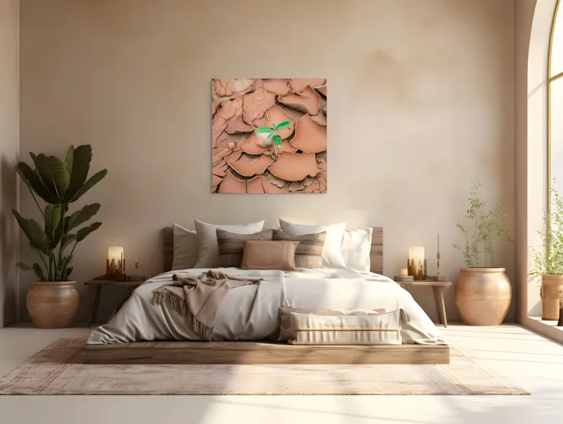 Tablou Canvas, "Viața renaște pe pământ uscat", Frunze, Uscăciune, Supraviețuire, Speranță, Natură, Renaștere, Fragilitate, Pământ, Crăpături, Verdeață, 100 x 100 cm – poza 4