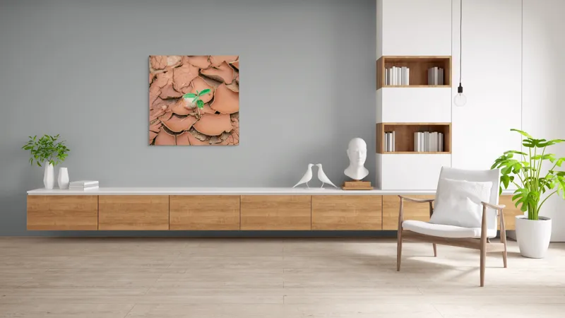 Tablou Canvas, "Viața renaște pe pământ uscat", Frunze, Uscăciune, Supraviețuire, Speranță, Natură, Renaștere, Fragilitate, Pământ, Crăpături, Verdeață, 100 x 100 cm – poza 8