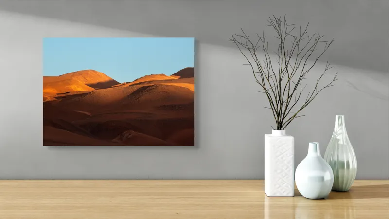 Tablou Canvas, "Umbrele aurii ale deșertului la amurg", Deșert, Dune, Apus, Nisip, Seară, Lumină, Coline, Căldură, Sereinitate, Contrast, 54 x 39 cm – poza 3