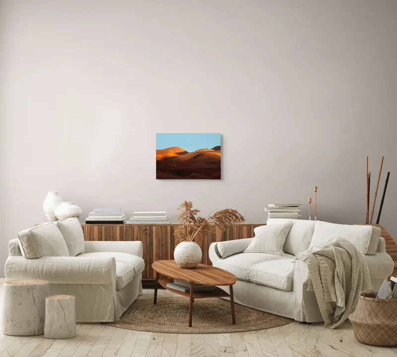 Tablou Canvas, "Umbrele aurii ale deșertului la amurg", Deșert, Dune, Apus, Nisip, Seară, Lumină, Coline, Căldură, Sereinitate, Contrast, 54 x 39 cm – poza 5