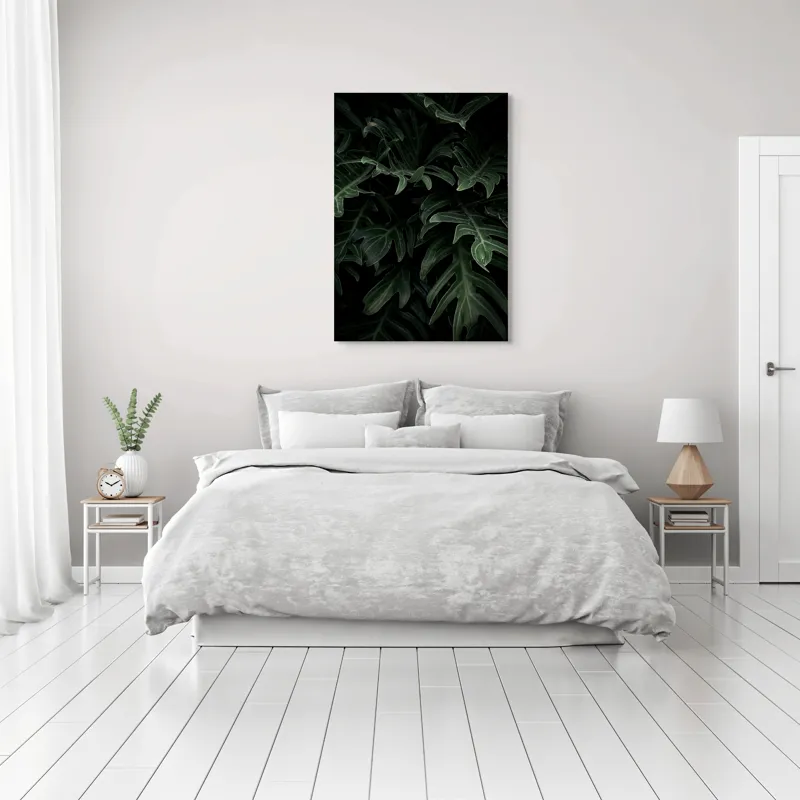 Tablou Canvas, "Frunzele misterioase din umbra pădurii", Frunze, Verde, Întuneric, Natură, Vitalizează, Misterioase, Textură, 70 x 100 cm – poza 3