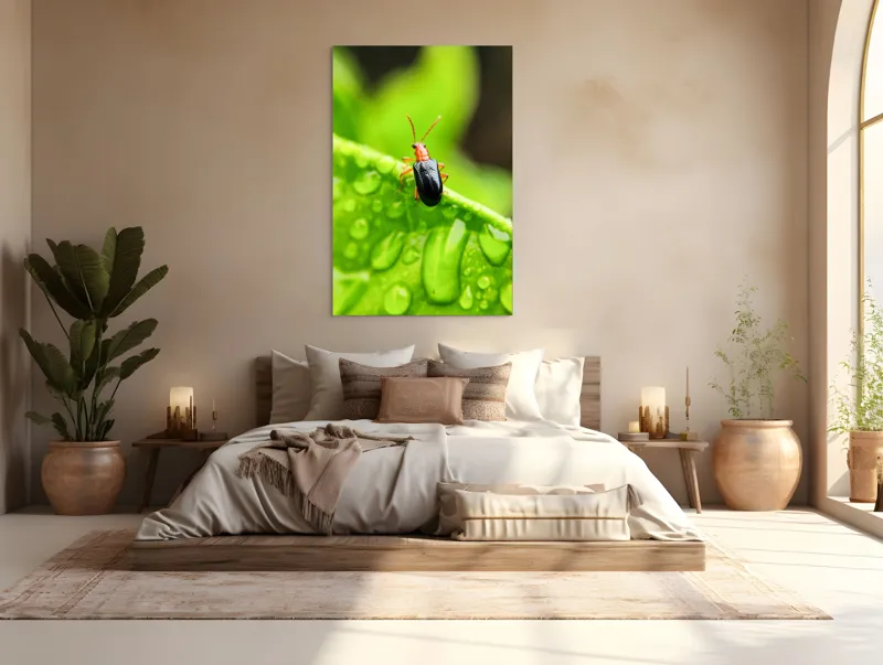 Tablou Canvas, "Gândăcel pe frunza înrourată verde", Gândac, Frunză, Picături, Verde, Textură, Natură, Aproape, Clar, Mic, Viu, 100 x 150 cm – poza 3