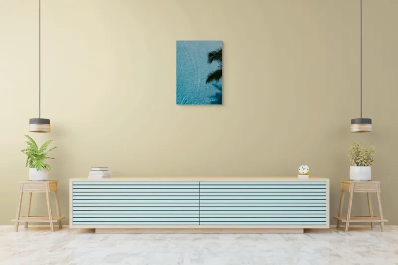 Tablou Canvas, "Palmier la marginea piscinei cristaline", Lumină, Apă, Palmier, Reflexie, Serenitate, 50 x 70 cm – poza 6