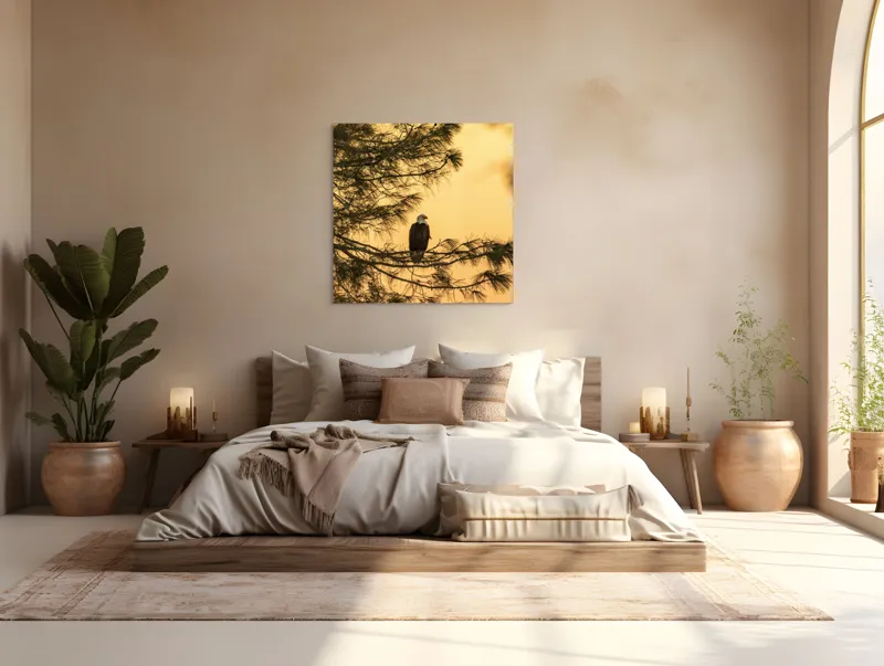 Tablou Canvas, "Vulturul în apusul de aur", Vultur, Ramură, Apus, Siluetă, Natură, Liniște, Eleganță, Contemplare, 100 x 100 cm – poza 4