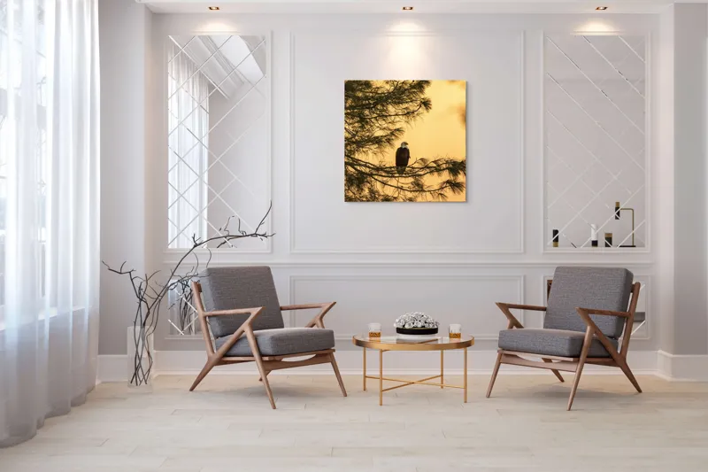 Tablou Canvas, "Vulturul în apusul de aur", Vultur, Ramură, Apus, Siluetă, Natură, Liniște, Eleganță, Contemplare, 100 x 100 cm – poza 7