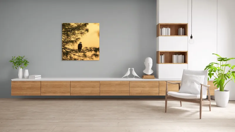Tablou Canvas, "Vulturul în apusul de aur", Vultur, Ramură, Apus, Siluetă, Natură, Liniște, Eleganță, Contemplare, 100 x 100 cm – poza 8