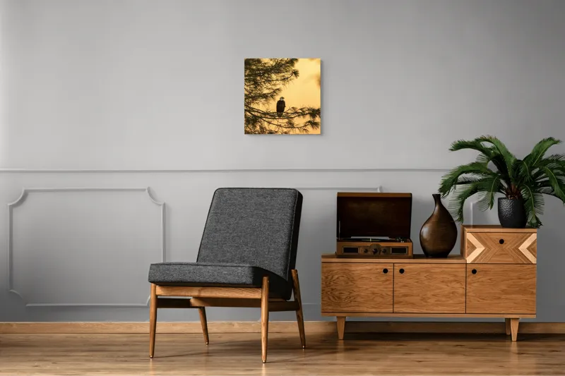 Tablou Canvas, "Vulturul în apusul de aur", Vultur, Ramură, Apus, Siluetă, Natură, Liniște, Eleganță, Contemplare, 50 x 50 cm – poza 6