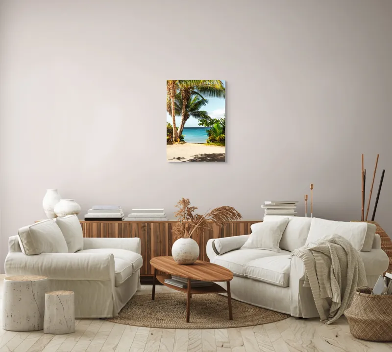 Tablou Canvas, "Vara liniștită pe țărm tropical", Palmiere, Plajă, Apă, Azur, Vegetație, Cer, Relaxare, Natură, 50 x 70 cm – poza 4
