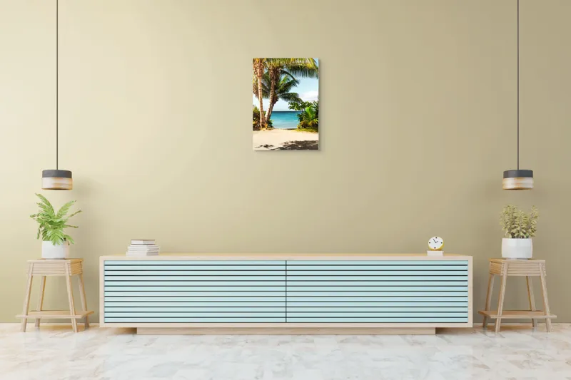 Tablou Canvas, "Vara liniștită pe țărm tropical", Palmiere, Plajă, Apă, Azur, Vegetație, Cer, Relaxare, Natură, 50 x 70 cm – poza 6