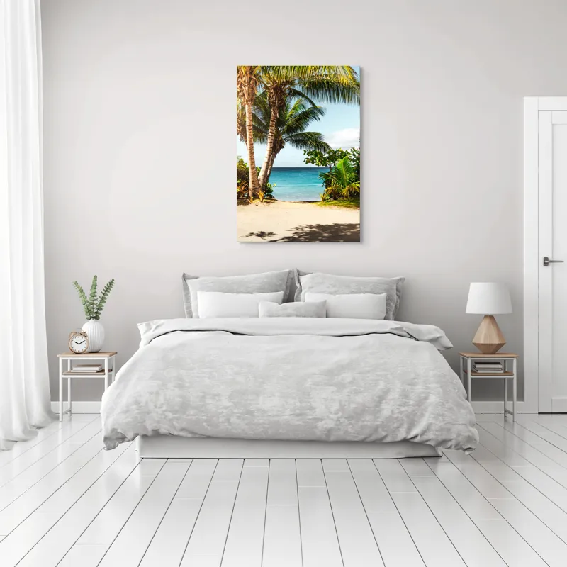 Tablou Canvas, "Vara liniștită pe țărm tropical", Palmiere, Plajă, Apă, Azur, Vegetație, Cer, Relaxare, Natură, 70 x 100 cm – poza 3