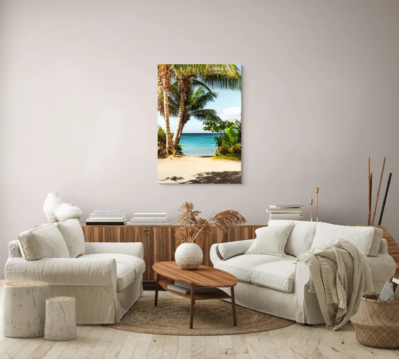 Tablou Canvas, "Vara liniștită pe țărm tropical", Palmiere, Plajă, Apă, Azur, Vegetație, Cer, Relaxare, Natură, 70 x 100 cm – poza 4