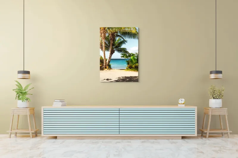 Tablou Canvas, "Vara liniștită pe țărm tropical", Palmiere, Plajă, Apă, Azur, Vegetație, Cer, Relaxare, Natură, 70 x 100 cm – poza 5