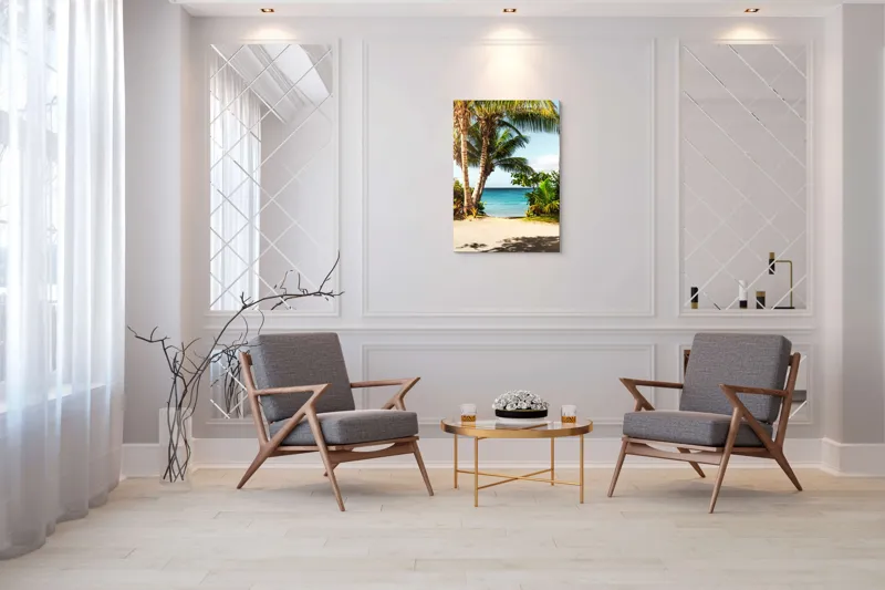 Tablou Canvas, "Vara liniștită pe țărm tropical", Palmiere, Plajă, Apă, Azur, Vegetație, Cer, Relaxare, Natură, 70 x 100 cm – poza 8
