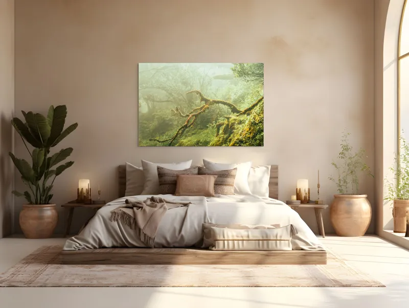 Tablou Canvas, "Tărâmul fermecat al pădurii deasă", Mister, Verdeață, Ceață, Rădăcini, Copaci, Natură, Liniște, Sălbăticie, 150 x 100 cm – poza 4