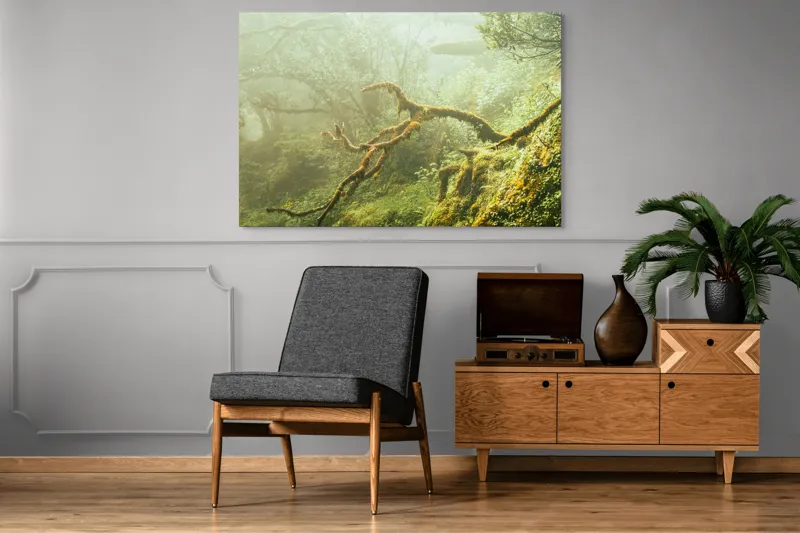 Tablou Canvas, "Tărâmul fermecat al pădurii deasă", Mister, Verdeață, Ceață, Rădăcini, Copaci, Natură, Liniște, Sălbăticie, 150 x 100 cm – poza 8